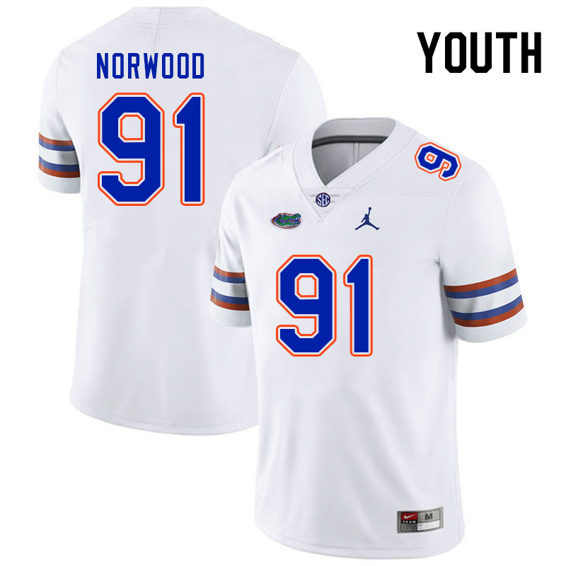 Youth #91 Tyreik Norwood Florida Gators College Football Jerseys Stitched-White - Click Image to Close